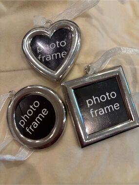 Set of 3 Silver Mini Photo Frame Ornaments - Heart, Circle, Square